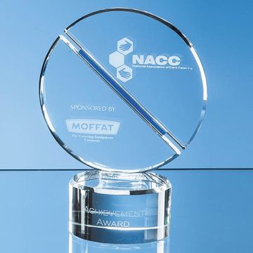 23.5cm Optical Crystal Mounted Circle Award with a Single Diagonal Cobalt Blue Line